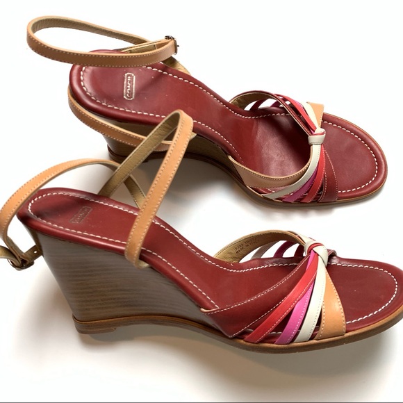 Coach Shoes - Coach Trista multicolor red, pink, tan leather open toe wedge sandals size 9.5